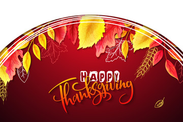 Wall Mural - Vector greeting thanksgiving banner with hand lettering label - happy thanksgiving - with bright autumn leaves and doodle leaves, wreath and feathers