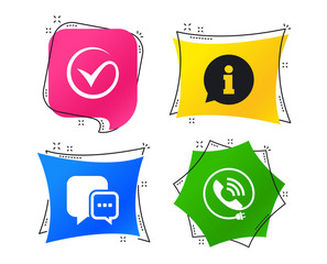 Poster - check or tick icon. phone call and information signs. support communication chat bubble symbol. geom