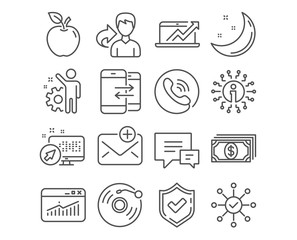 Set of Vinyl record, Phone communication and Sales diagram icons. Website statistics, Comment and Survey check signs. Payment, Employee and New mail symbols. Vector