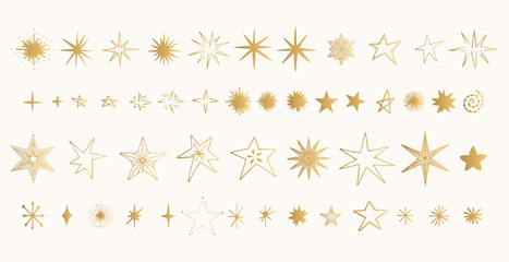 Set of golden stars. Glitter shapes. Vector. 