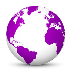 Wall Mural - white 3d globe icon with violet continents and atlantic ocean in the center - planet earth - world s