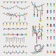 © Roi_and_Roi - Christmas garland string and glass vintage light bulb of different colors. Vector cartoon Xmas decoration element set isolated on a transparent background.