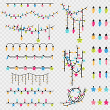 Christmas Garland String And Glass Vintage Light Bulb Of Different Colors. Vector Cartoon Xmas Decoration Element Set Isolated On A Transparent Background.