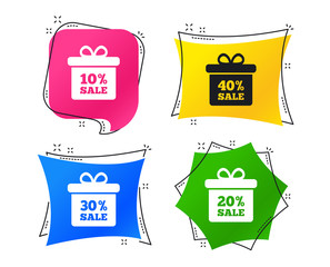 Poster - Sale gift box tag icons. Discount special offer symbols. 10%, 20%, 30% and 40% percent sale signs. Geometric colorful tags. Banners with flat icons. Trendy design. Vector