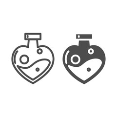 Aufkleber - Love potion in heart shaped bottle line and glyph icon. Magic love drink vector illustration isolated on white. Glass bottle of magic elixir outline style design, designed for web and app. Eps 10.