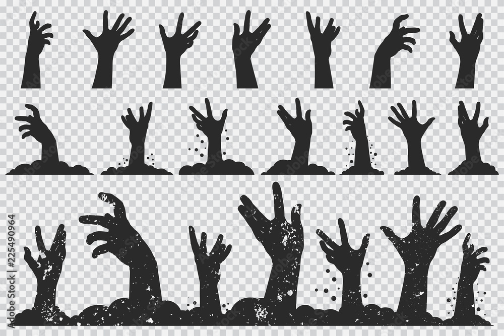 Zombie hands black silhouette. Vector Halloween icons set isolated on a transparent background. - obrazy, fototapety, plakaty 