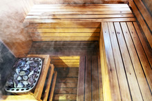 Interior Of Finnish Sauna, Classic Wooden Sauna
