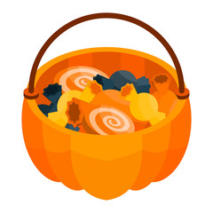 Sticker - Halloween candy basket icon. Isometric of halloween candy basket vector icon for web design isolated on white background