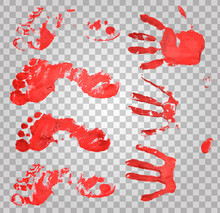 Bloody Handprints And Feet. Blood Splatter And Bloody Hand Print