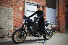 Woman And Retro Cafe Racer Motorcycle