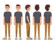 Vector illustration of smiling men in casual clothes under the white background. Cartoon realistic people set. Flat young man. Front view man, Side view man, Back side view man, Isometric view.