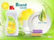Dishwashing liquid soap with lemon. Packaging with template label design.