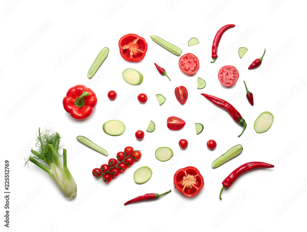 Flat lay composition with various vegetables on white background