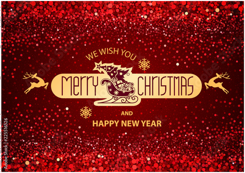 Christmas and New Year Typographic Inscription on Red Background with Glitter...