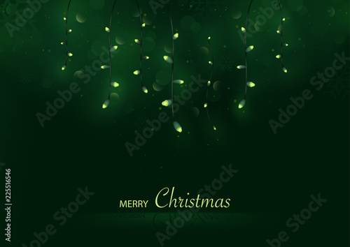 Green Merry Christmas Greeting Card with Hanging and Glowing Christmas Lights...