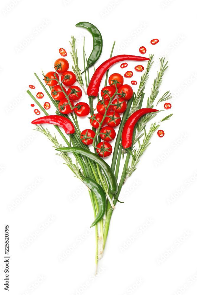 Composition with tomatoes, chili and herbs on white background