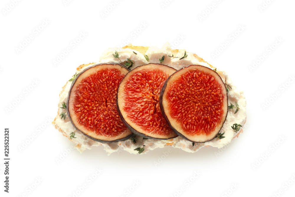 Tasty sandwich with ripe fig and cream cheese on white background