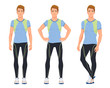 Vector illustration of three sports man in sportswear under the white background. Cartoon realistic people illustartion. Flat young athlete. Front view man, Side view man.