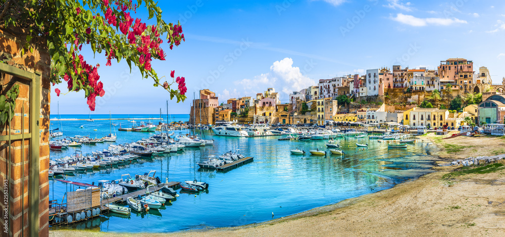 Sicilian port of Castellammare del Golfo, amazing coastal village of Sicily island, province of Trapani, Italy - obrazy, fototapety, plakaty 