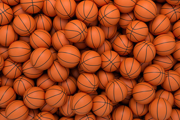 3d rendering of many orange basketball balls lying in an endless pile seen from the top.