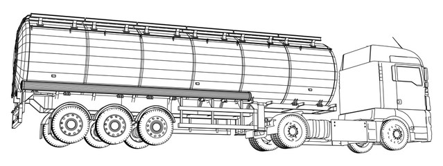 Gasoline tanker, Oil trailer, truck on highway. Automotive fuel tankers shipping fuel. Tracing illustration of 3d. EPS 10 vector format isolated on white