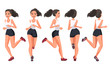 Vector illustration of running young woman in casual clothes .Cartoon realistic people illustration.Flat young woman.Front, side and back views. Isometric views. Sportive woman. Sport, training, run.