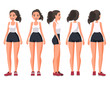 Vector illustration of  sportive woman in sportswear under the white background .Cartoon realistic people illustration. Flat young woman. Front view girl, Side view ,Back side view , Isometric view.