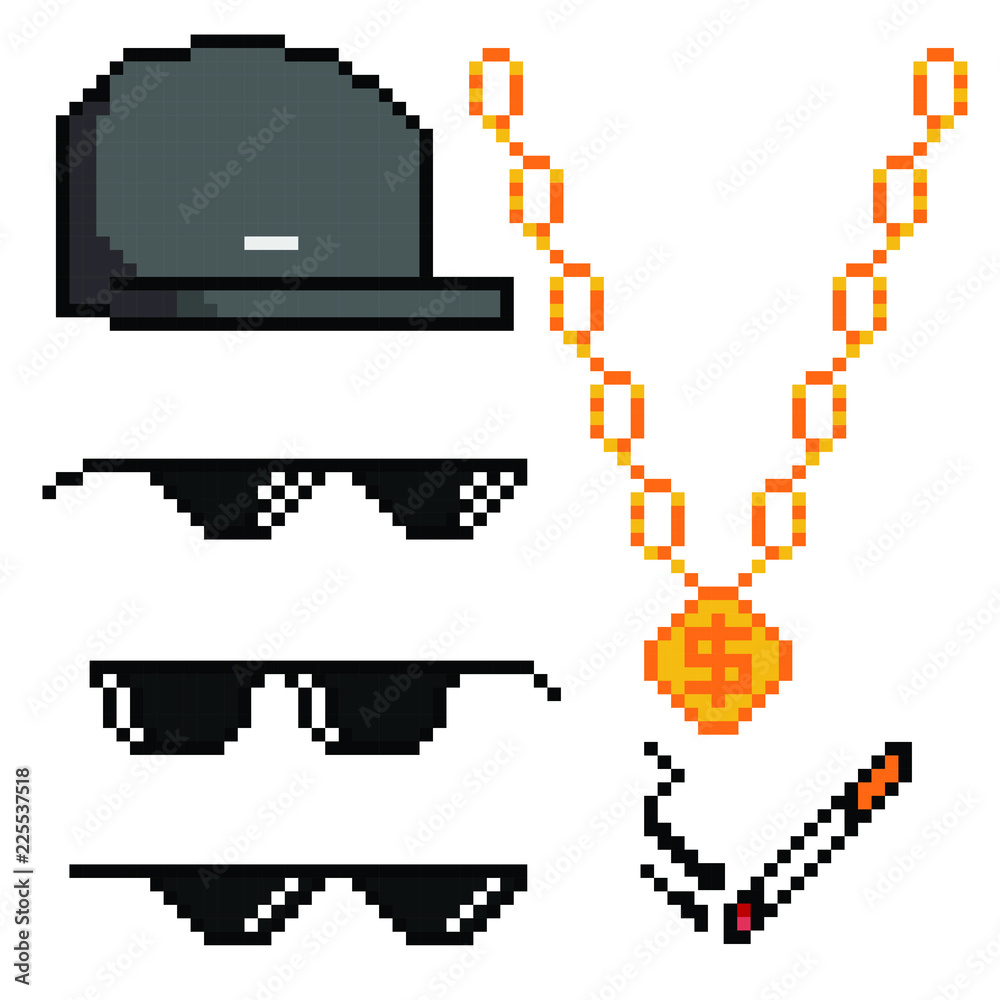 Boss or gangster pixelated sunglasses, gold chain, cap and cigarette. Thug attributes. Vector illustration. - obrazy, fototapety, plakaty 