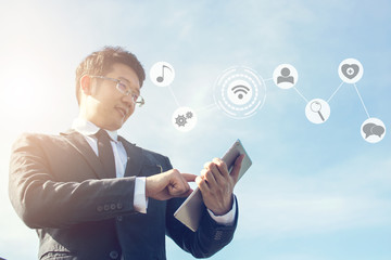 business man use tablet for connection and internet about business, technology concept