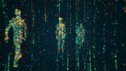 Abstract background with animation flickering binary digits and earth symbol walking human from binary digits. Animation of seamless loop. 