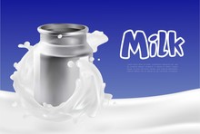 Milk Splash On Blue Background With Can.