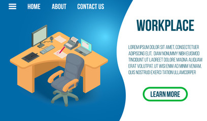 Poster - Workplace concept banner. Isometric banner of workplace vector concept for web, giftcard and postcard