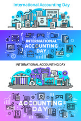 Accounting day banner set. Outline set of accounting day vector banner for web design