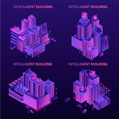 Poster - Intelligent building banner set. Isometric set of intelligent building vector banner for web design