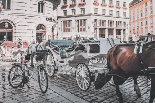 White Bicycle In Front Of White Hackney Coach Cab Drawn By Two Horses In Vienna Stock Photo Adobe Stock