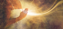 Peaceful Prayer Sending Love And Light Out -  Female In White Dress With Hands In Prayer Position And A Stream Or White Light Flowing Outwards With A Rustic Golden Brown Ethereal Energy Background
