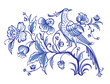 Fantastic bird on a magic tree with flowers, decorative vector ornament in blue tones. Painting for dishes, print for fabric, embroidery, etc. Delft and English porcelain, Gzhel painting.