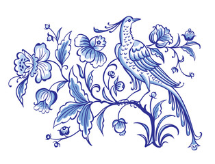 Wall Mural - Fantastic bird on a magic tree with flowers, decorative vector ornament in blue tones. Painting for dishes, print for fabric, embroidery, etc. Delft and English porcelain, Gzhel painting.