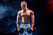 © zamuruev - Topless man exercising biceps with dumbbells posing in studio full of colored smoke