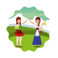 Wall Mural - bavarian women holding hands with beers landscape