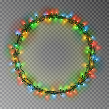 Garland Wreath Decorations. Christmas Color Lights Ring With Isolated Shine Lamps Element. Glowing S