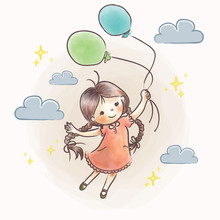Little Girl Flying Holding Balloon