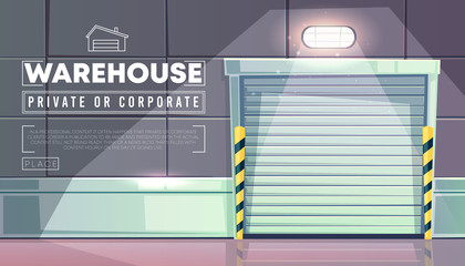 Warehouse with roller shutter door of logistics loader truck entrance. Vector illustration of private or corporate storehouse front entry sectional overhead gate with lamp illumination