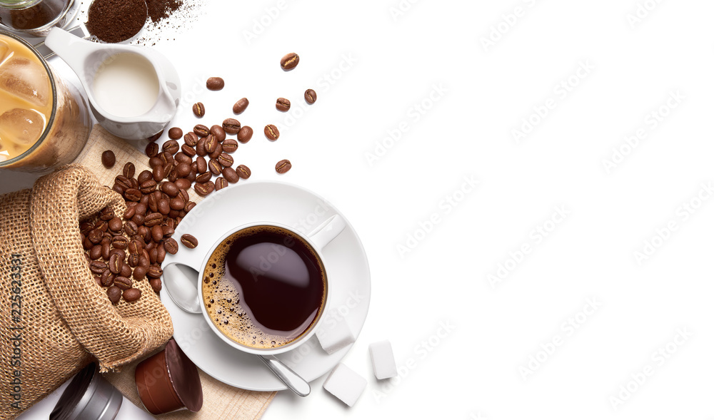 Cup of hot coffee and other ingredients over white background - obrazy, fototapety, plakaty 