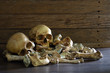Awesome pile of three skull and bone on dark background in the morgue