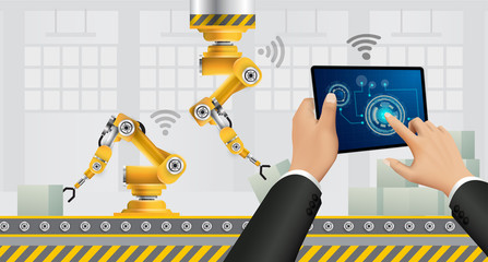 Move to factory and industry in the future. People connecting with a factory using smartphone and exchanging data with a neural network. Smart industry 4.0 infographic. Artificial intelligence.