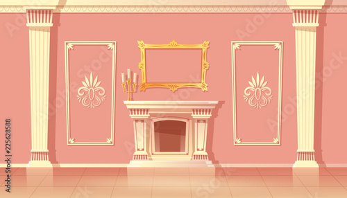 Vector Cartoon Interior Of Luxury Living Room Ballroom With Fireplace Traditional Furnace In Sumptuous Hallway In Pink Colors With White Pilasters Architecture Illustration Baroque Or Rococo Style Buy This Stock Vector
