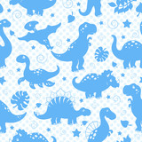Fototapeta Konie - Seamless pattern with dinosaurs and leaves, blue silhouettes icons on a blue background polka dot
