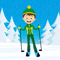 Wall Mural - Cheerful skier in the winter snowy forest.