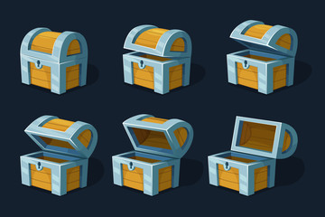 Poster - Various key frames animation of wooden chest or box. Vector cartoon pictures wood ancient box closed illustration
